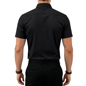 Back view detail of men's short sleeve black business casual shirt, solid lapel non-iron top.