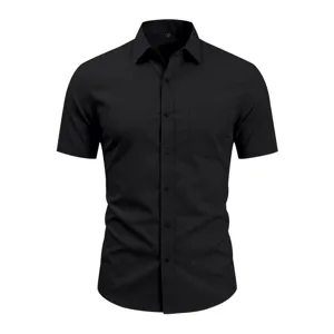 Men short sleeve casual black business shirt detail view solid color button down collar