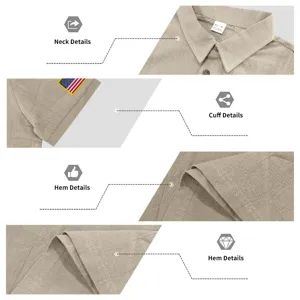 Men casual linen short sleeve shirt detail view with embroidery and lapel collar for summer.