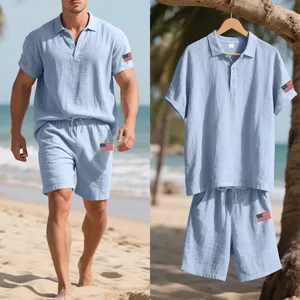Men's summer casual linen two-piece set, short sleeve polo shirt and shorts with flag patch.