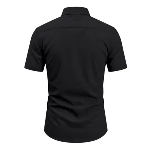 Back view detail of men's casual black short sleeve business shirt with classic lapel.