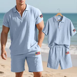 Men's summer linen casual polo shirt and shorts set with flag embroidery outfit