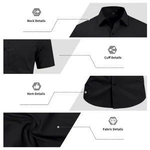Men's classic solid black short sleeve business casual shirt collar and cuff detail