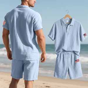 Mens summer linen shorts set casual short sleeve polo shirt with flag embroidery beach outfit
