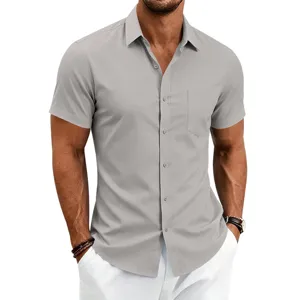 Men's casual gray short-sleeve button-down shirt detail, lapel collar and chest pocket design.