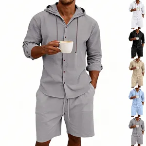 Men Casual Linen Blend Hooded Long Sleeve Shirt And Shorts Set Summer Beach Vacation Solid Color Apparel