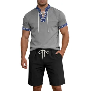 Men's summer casual short sleeve henley shirt and drawstring shorts outfit set for daily wear.