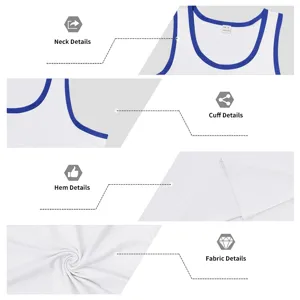 Heren sport gym fitness training mouwloos wit tanktop met blauwe contrasterende bies.