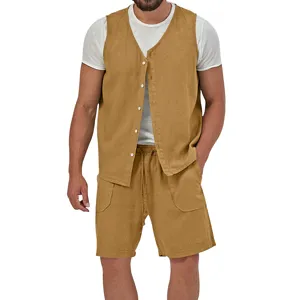 Men's casual cotton linen vest and shorts set summer breathable beach two piece outfit