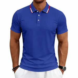Close-up detail of men's short sleeve polo shirt collar design in solid blue with red trim.