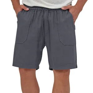 Detail shot of men's casual cotton linen shorts with drawstring and patch pockets.