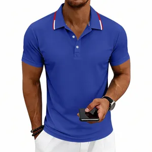 Men's Short Sleeve Polo Shirt Casual Golf Slim Fit Blue Top With Contrast Striped Collar