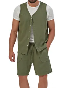Men's casual linen blend vest and shorts detail, summer sleeveless two piece outfit.