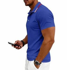 Men's short sleeve polo shirt casual business golf slim fit top with contrast collar details.
