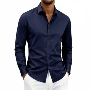 Men's dark blue long sleeve business casual shirt detail showcasing neat collar and button placket.