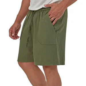 Detailed view of men's casual cotton linen shorts with elastic drawstring waist and pockets.