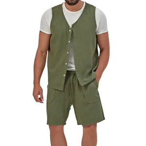 Men casual linen vest and shorts detail view, breathable summer sleeveless two piece outfit.