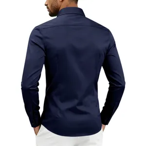 Men's Navy Blue Long Sleeve Dress Shirt Casual Business Slim Fit Solid Color Top