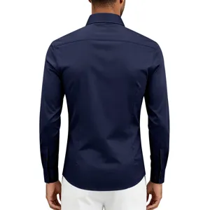 Back view of a classic dark blue long sleeve shirt detail showcasing slim fit and collar.