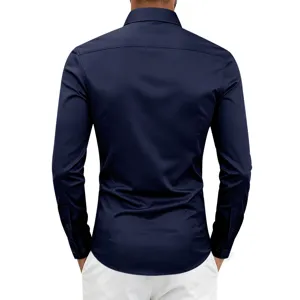 Men's long sleeve slim fit dress shirt back view detail, classic business casual style.