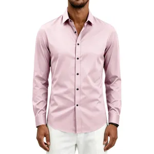 Men's long-sleeve slim fit casual dress shirt with lapel collar in classic pink style.