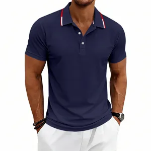Men's navy blue short sleeve polo shirt with red white collar stripe casual golf top.