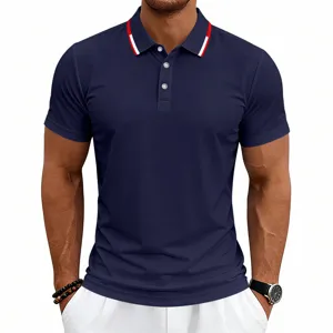 Detail view of the men's navy polo shirt featuring red and white collar design details.