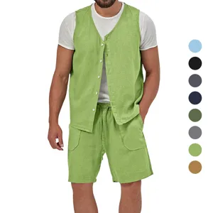 Men Casual Linen Blend Two Piece Outfit Sleeveless V Neck Vest And Shorts Summer Beach Vacation Matching Set