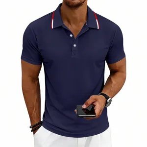 Men's short sleeve polo shirt casual business golf slim fit navy blue with striped collar.
