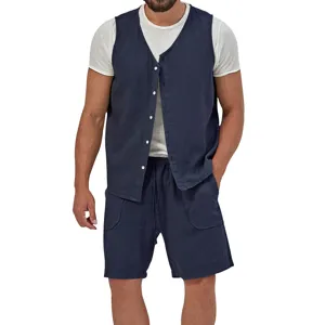 Men's casual linen vest and shorts set summer two-piece outfit with sleeveless cardigan.