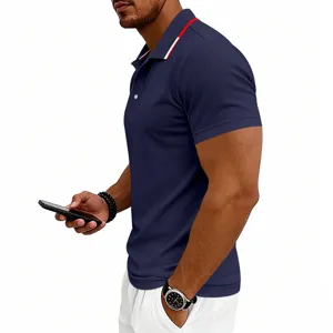 Men's casual short-sleeve polo shirt in dark blue, featuring stylish collar stripes.