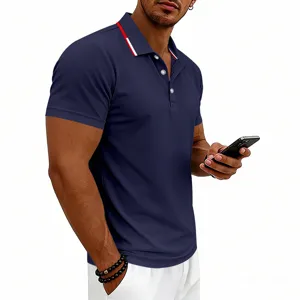 Men's casual short sleeve polo shirt detail, contrast collar design, comfortable fabric.