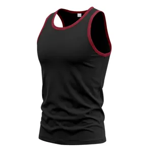 Gedetailleerd overzicht van het kraanlabel van de zwart-rode contrast sport tanktop.