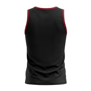 Achterkant detail van het zwarte sporttanktop voor heren met contrasterende bies.