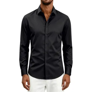 Close-up detail of the classic black long sleeve shirt collar and button placket design.