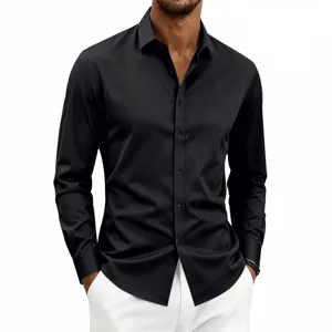 Classic slim fit long sleeve black dress shirt for men, perfect for casual and business wear.