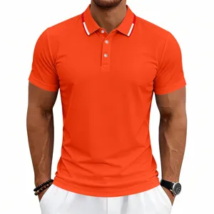 Men's solid color short sleeve polo shirt summer casual golf quick dry top detail view.