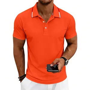 Close-up detail of the orange men's short sleeve polo shirt with contrast collar trim.