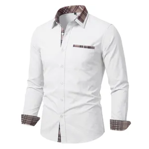 Heren lang mouw overhemd geruit contrast casual zakelijk wit knoophemd top