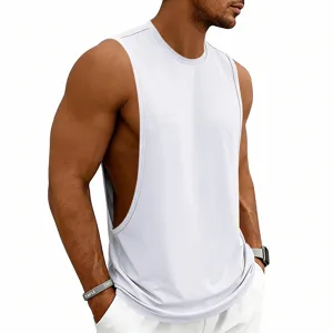Men's white sports tank top, loose fit sleeveless gym workout running fitness athletic shirt.