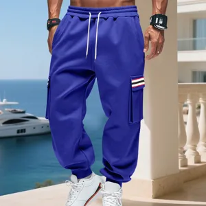 Pantaloni tuta cargo blu uomo streetwear casual felpati sportivi con tasche comodi