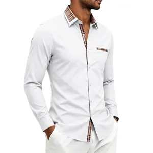 Heren casual lange mouw overhemd met klassieke ruit contrast kraag en zak detail.