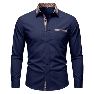 Stijlvol heren overhemd met lange mouwen, geruite contrastkraag en borstzakdetails.