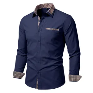 Heren casual langermige business overhemd met contrasterende ruitkraag en boorden.