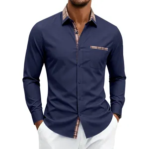 Heren contrast ruit lange mouw business overhemd detailweergave, slim stretch casual