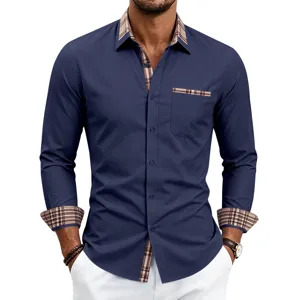 Heren lang mouw casual overhemd in marineblauw met geruite kraag en manchetten.