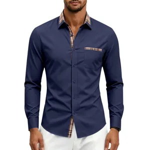 Heren slim fit overhemd met lange mouwen en klassieke contrast ruit kraag en zak.