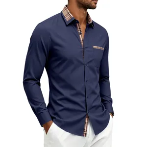 Heren lang mouw casual overhemd met contrast ruitjes trim, slim fit, ademende stretch business stijl.