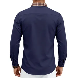Heren lang mouw overhemd met contrast ruit kraag zakelijk casual comfortabele elastische top