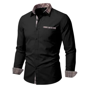 Heren casual lang hemd met geruite kraag en manchetten, zwart slim fit overhemd voor heren.